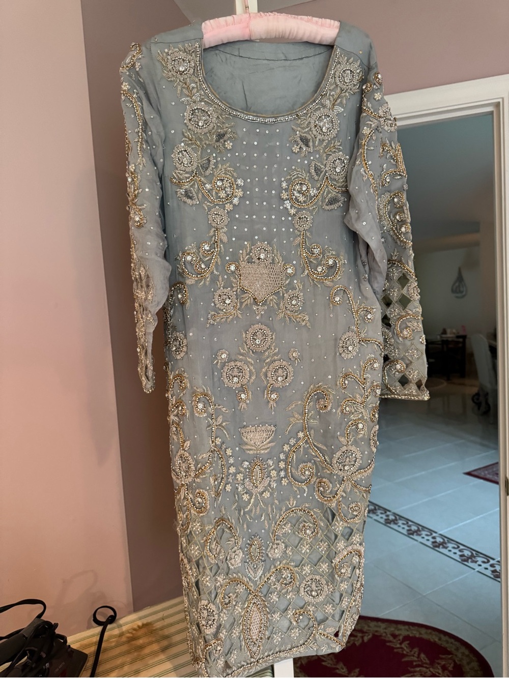 Embroidered Light Gray Evening Dress with Gold Accents